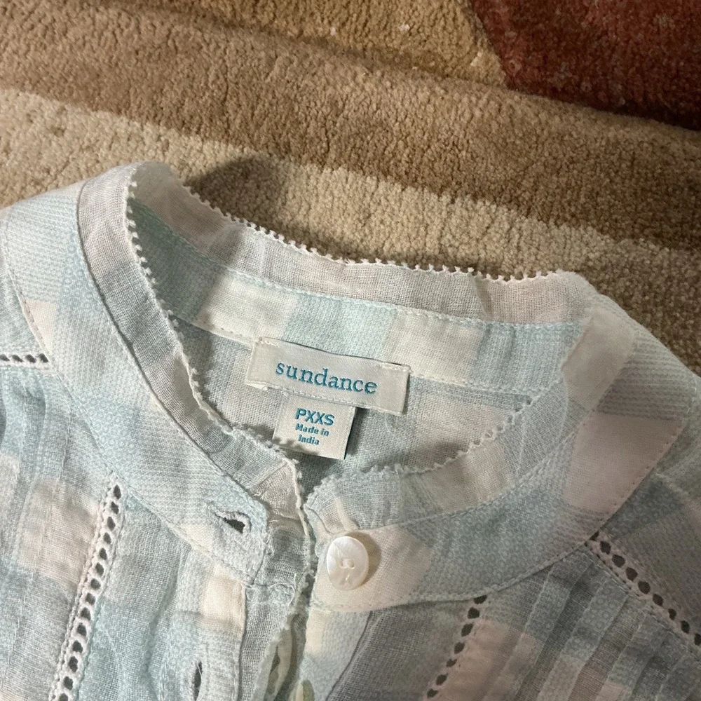 Sundance Cottagecore Gingham Pintuck Lace Cotton Blouse PXXS Tie Sleeve Top